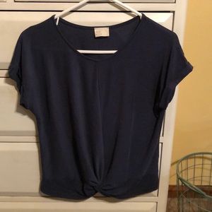 Deep blue knot front short sleeve blouse